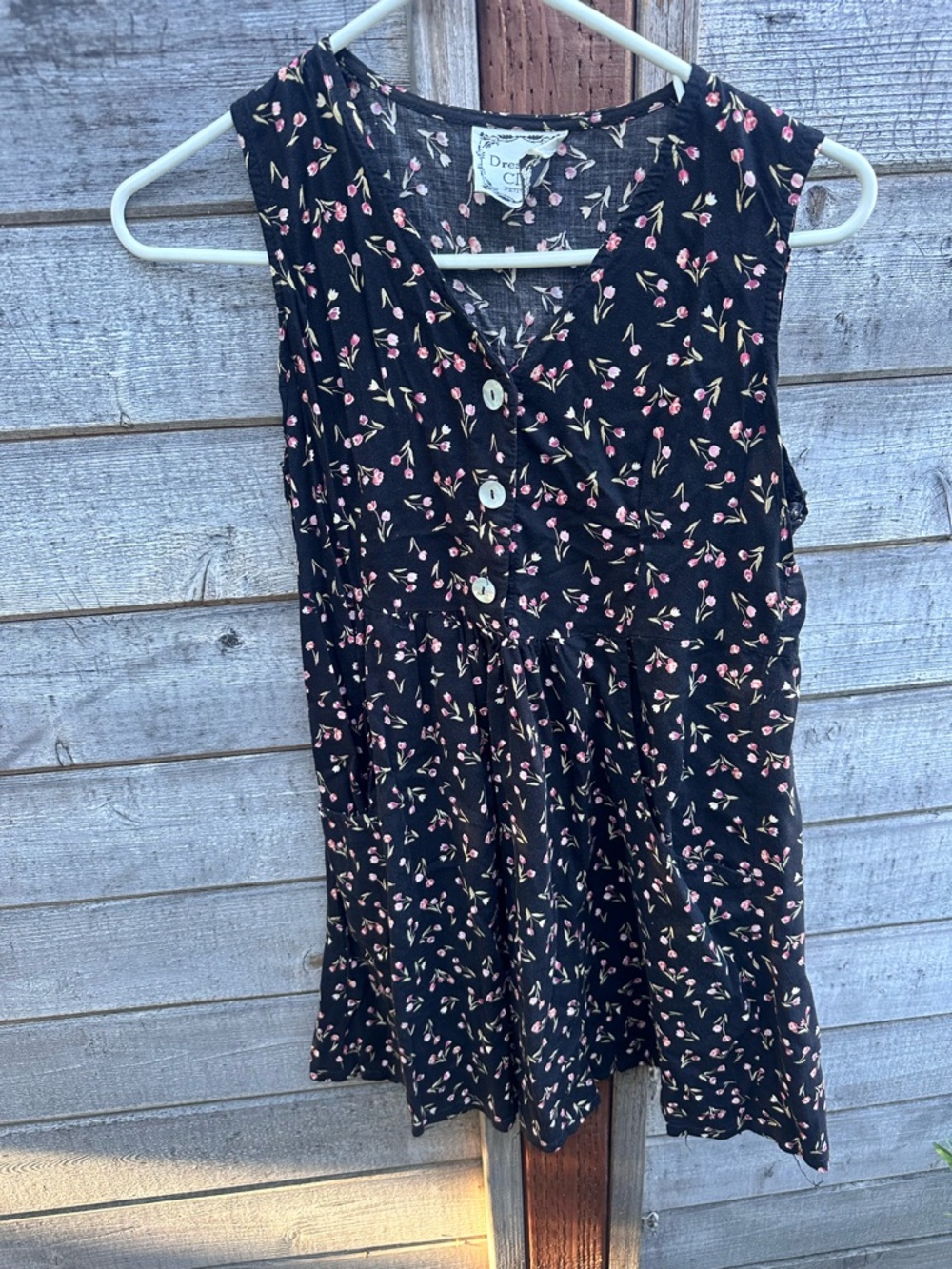 Vintage Floral Button-Front Black Sleeveless Babydoll Dress